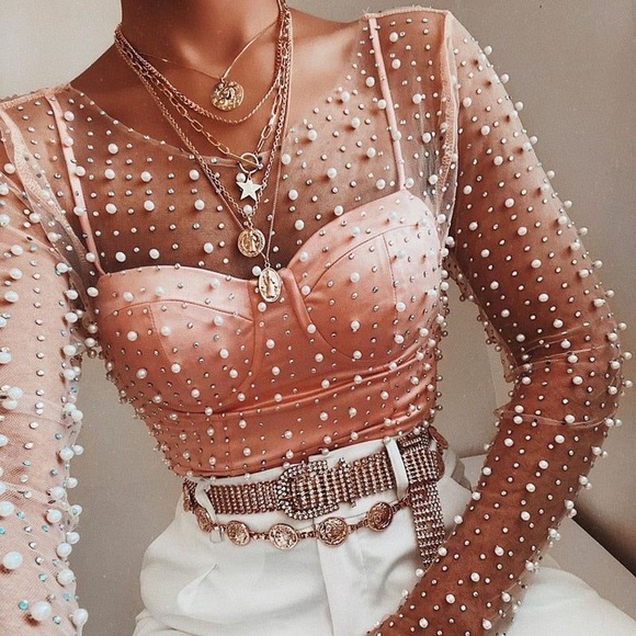 Tops - ✨24 HOUR SALE✨ Show Stopper Bead and Pearl Long Sleeve Mesh Top